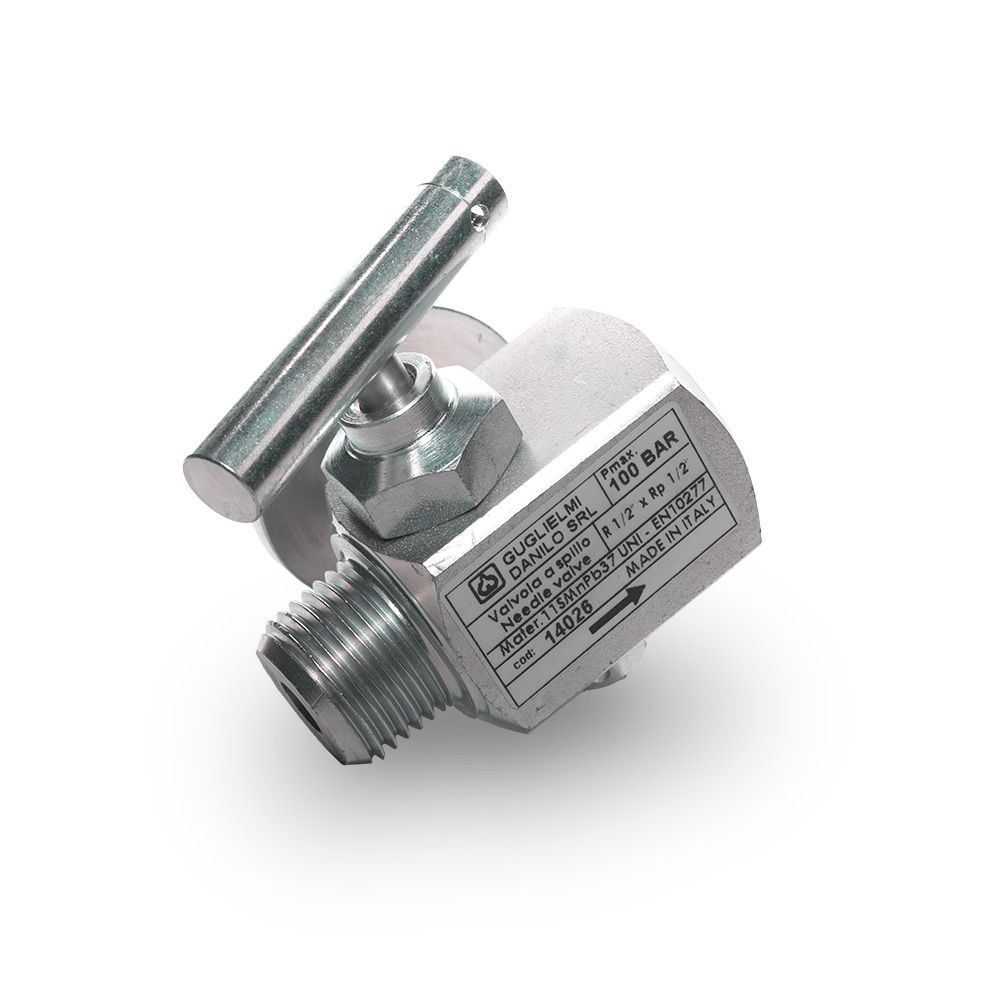 valvola a spillo in acciaio a squadra con raccordo girevole m12 + tappo rp1/8''